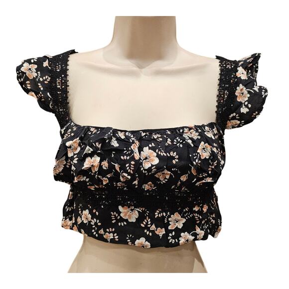 Free People Tops - Free People Top Bijou Square Neck Floral Ruffle Sleeve Shoulder Tie Size 8 boho